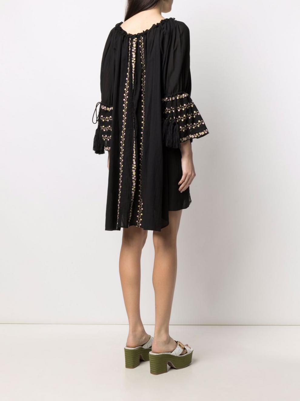 Winnie's Black Embroidered Long Sleeve Cotton Boho Dress