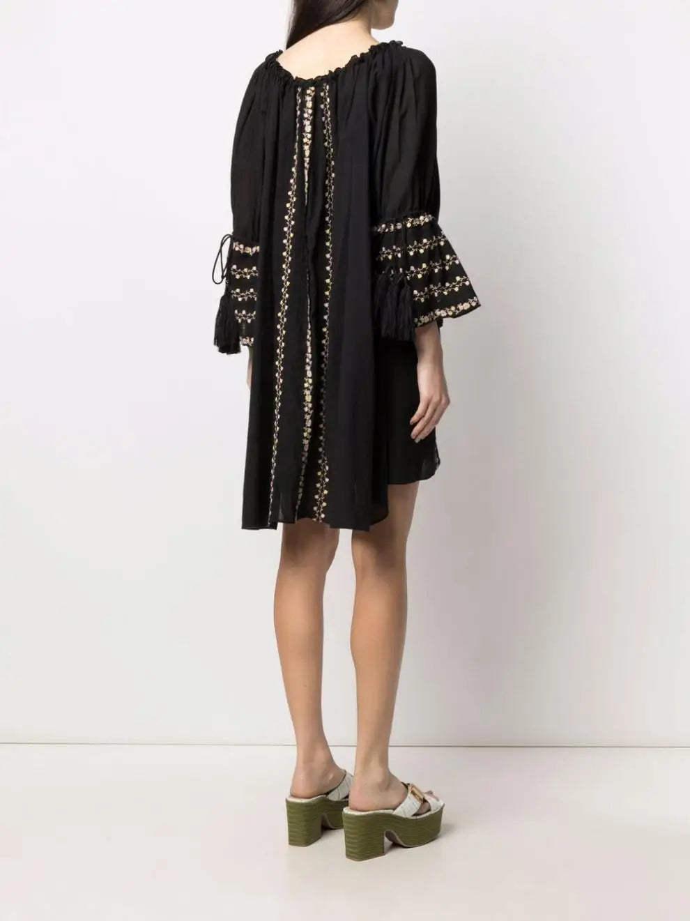 Winnie's Black Embroidered Long Sleeve Cotton Boho Dress