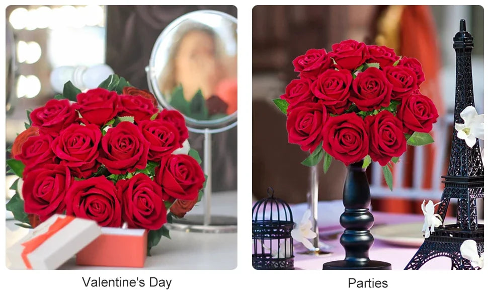 50 Pcs Velvet Roses Artificial Flowers Real Touch Fake Roses Valentine's DIY Wedding Bouquet Home Decor