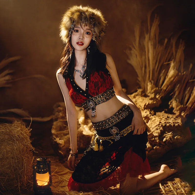 Tribal Fusion Women Belly Dance Costume 2 pieces Top and Hip Scarf