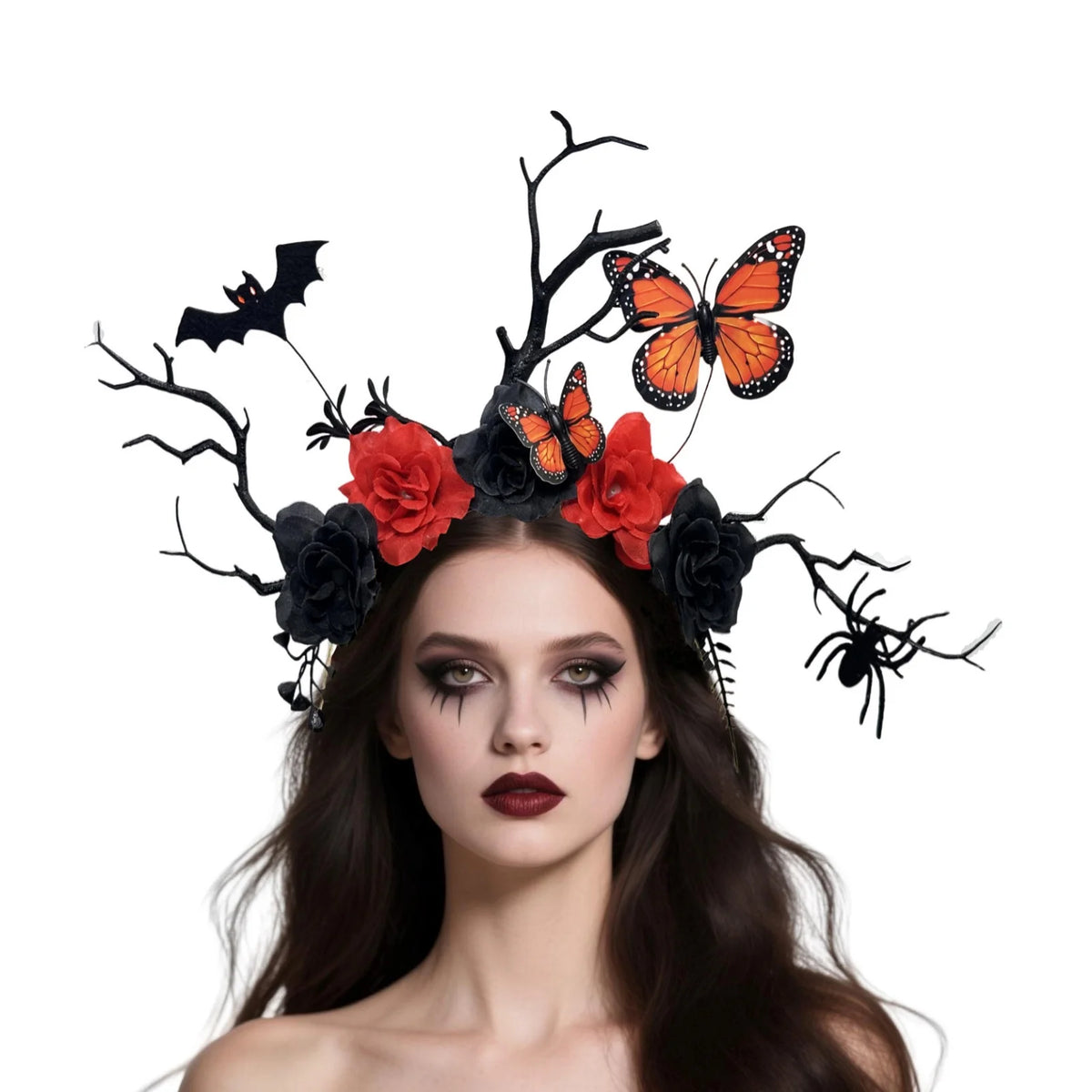 Halloween Headpiece Branches Roses Butterflies Bats Spider