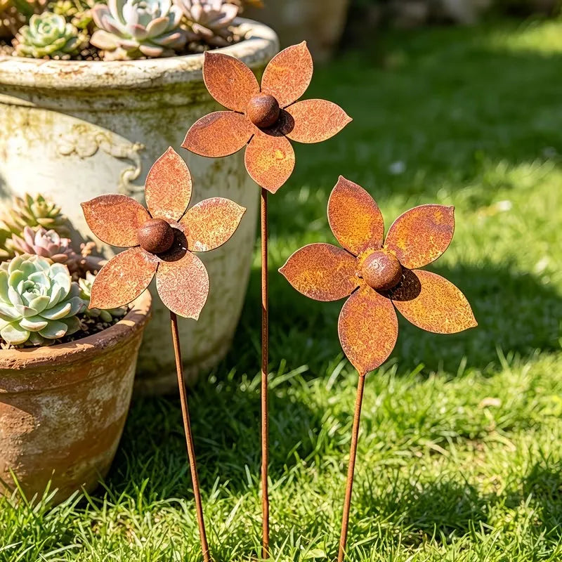 1/3pcs Rusty Metal Flower Garden Decorative Ground Stakes