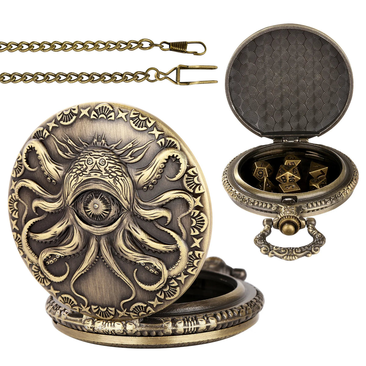 Brass DND Dice Case Vintage Cthulhu Pocket Watch One Eyed Octopus Pocket Watch Style Case