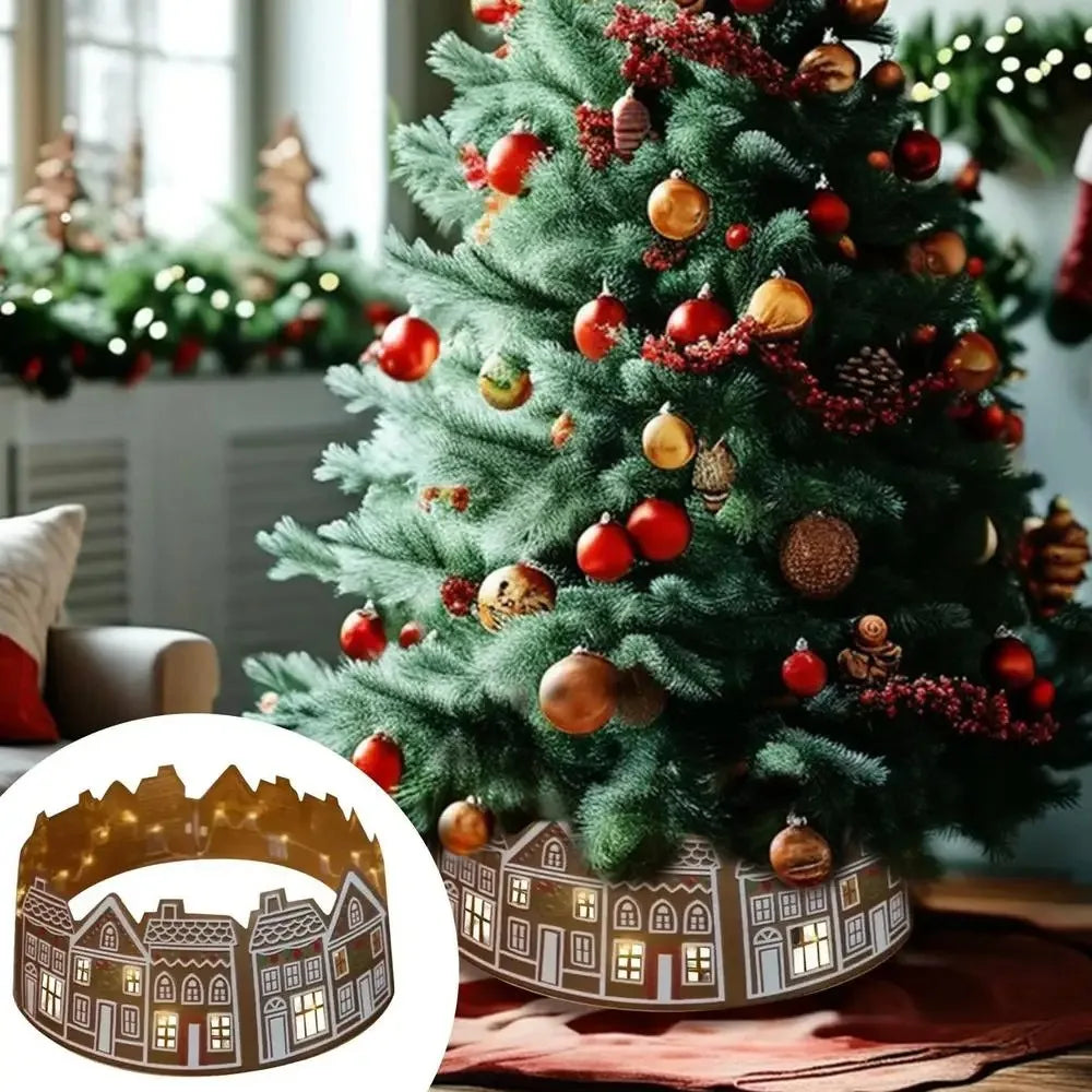 Gingerbread Houses Christmas Tree Collar with LED Lights Xmas Tree Skirt PVC Reusable Xmas Tree Base Cover