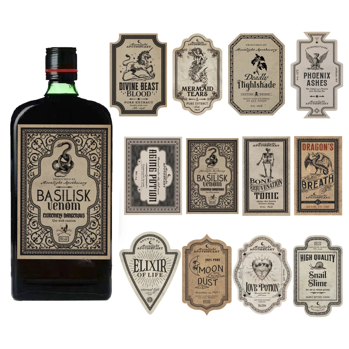 Gothic Style Potion Stickers 12pcs Apothecary Bottle Labels