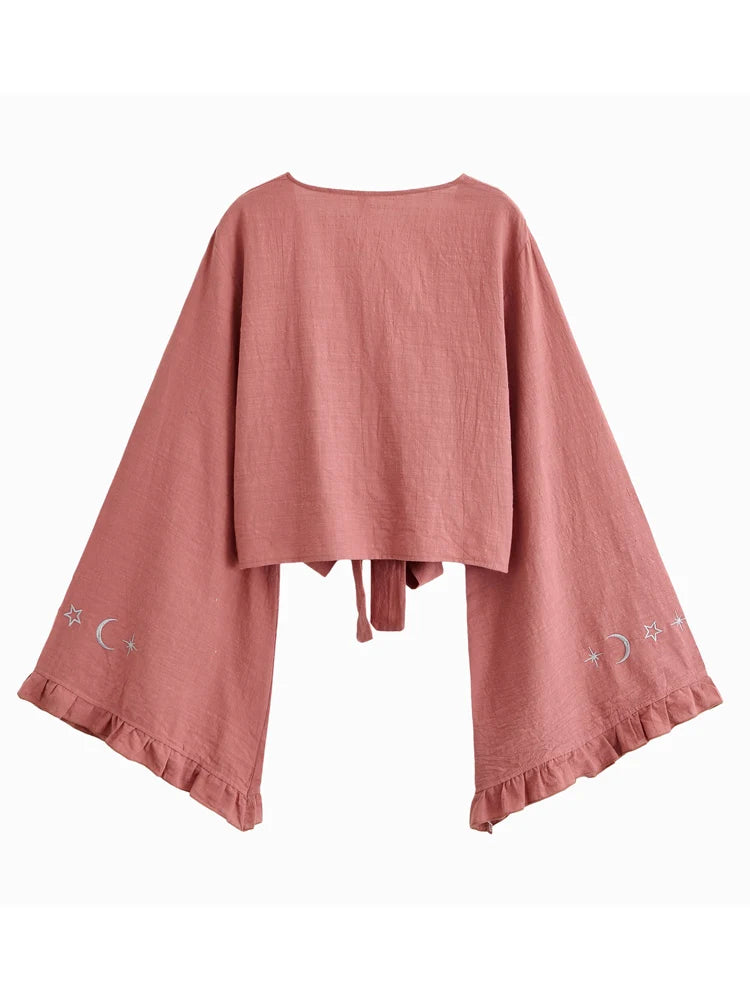 Boho Star Moon Embroidered Short Kimono Wrap Top Ruffled Flare Sleeves Cover-ups