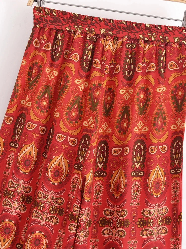 Nuri's Boho Red Floral Print Wide Leg Pants