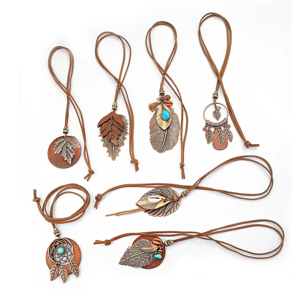 Forest Dweller Boho Leaf PU Leather Pendant Necklace Jewellery Sweater Chain