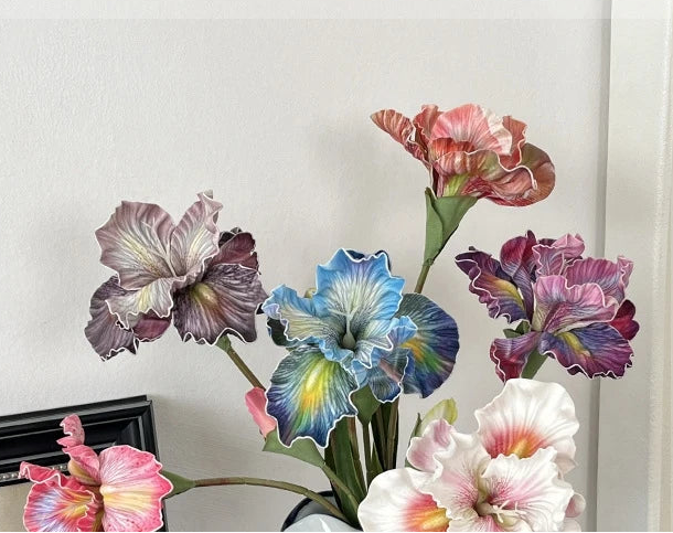Irises Oil Painting Stylised 45cm Artificial Flower EVA Velvet Feel