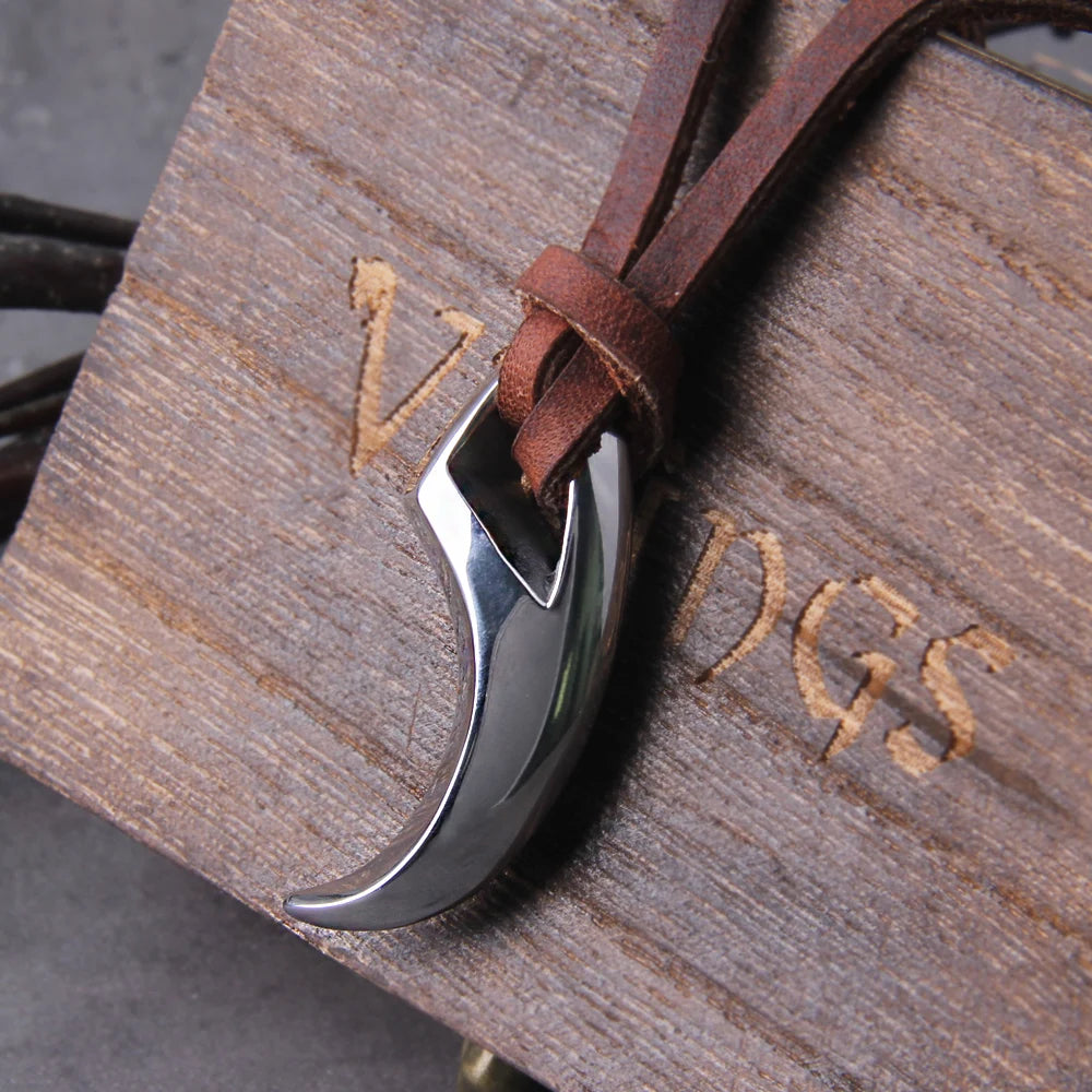 Viking Wolf Fang Stainless Steel Pendant Necklace For Men with Wooden Gift Box