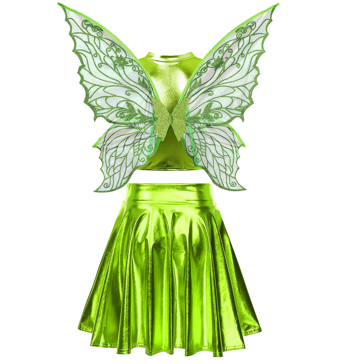 Festival Fairy Cosplay Costume Sleeveless Crop Top, High Waist Flared Skirt And Butterfly Wings Set