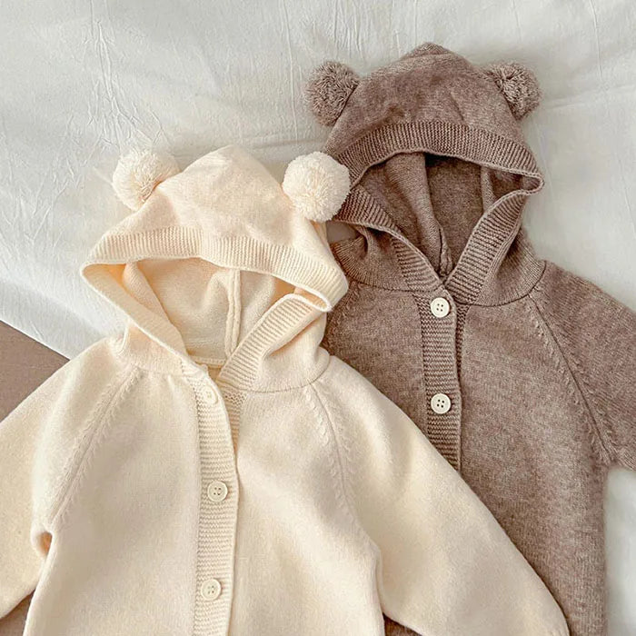 Baby and Toddler Knitted Romper Bear Bunny Ear Hooded Jumpsuits for Boys Girls