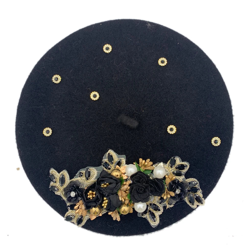 Margie's Flower Diamonte Winter Autumn Beret 10 Colours