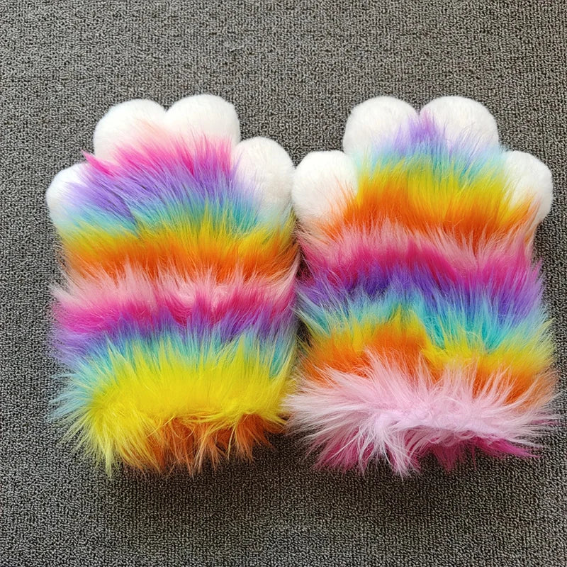 Rainbow Furry Cat Claw Gloves Plush Beast Paws Mittens Halloween Party Cosplay Costumes