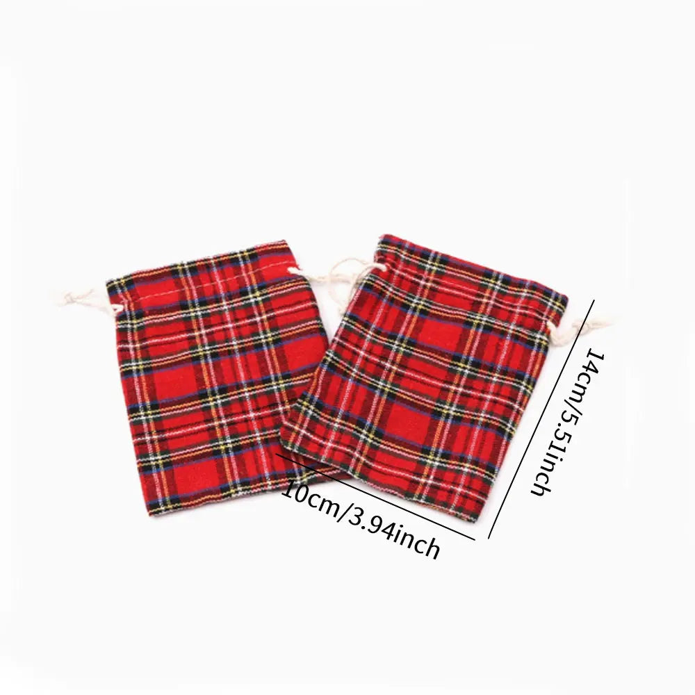 10PCS Linen Christmas Plaid Drawstring Bags Gift Pouches