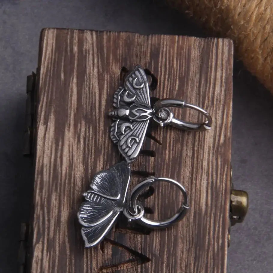 Pagan Moth Moon Phase Stainless Steel Earrings with Wooden Box