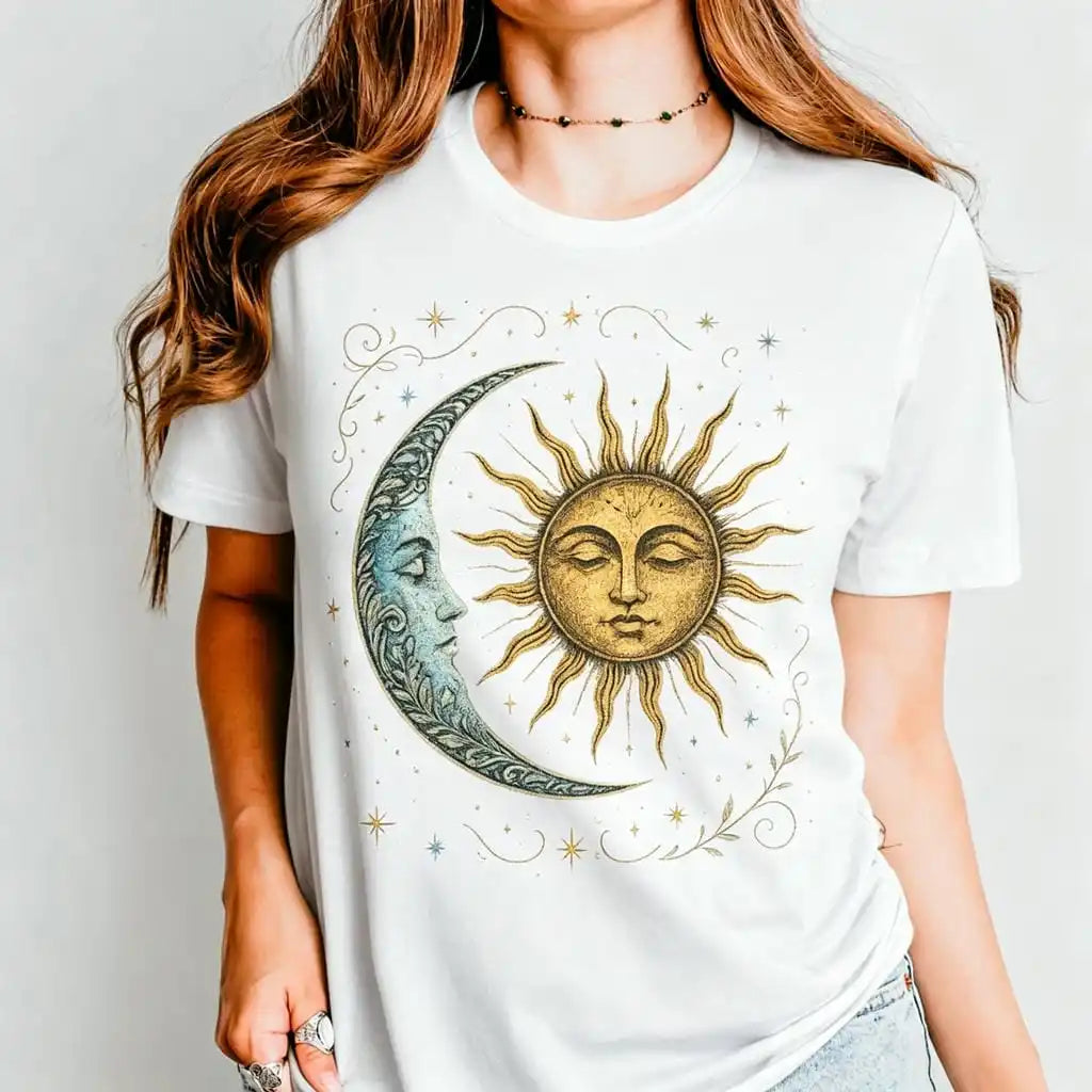 Boho Celestial Moon and Radiant Sun Cotton T-shirt