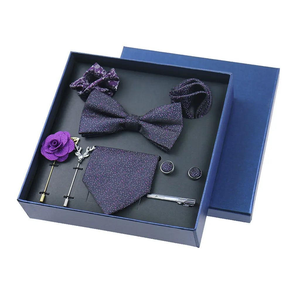 Men's 8pcs Tie Set Wedding Cravat Silk Bowtie Pocket Square Cufflinks Brooch Box Set Gifts For Men