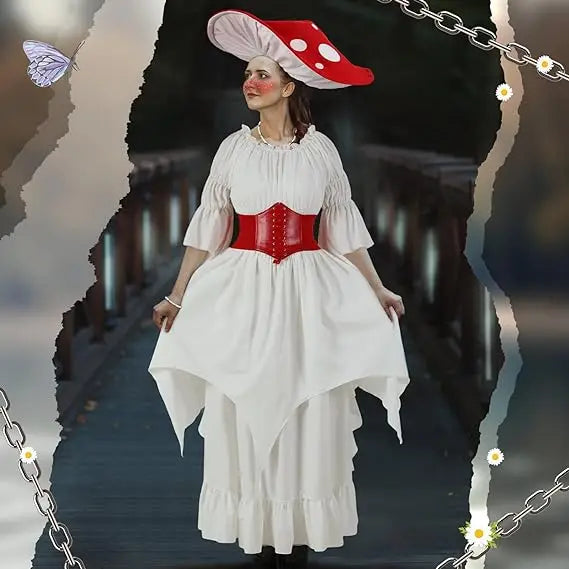 Victorian Mushroom Fairy Costume Hat Cinch Belt Dress Cosplay Halloween Adult Book Week Costume