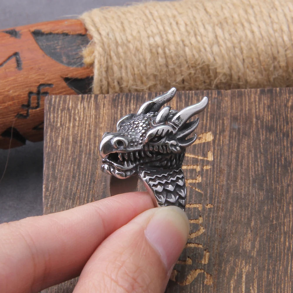 Vegvisir Viking Dragon Ring Stainless Steel with Wooden Box