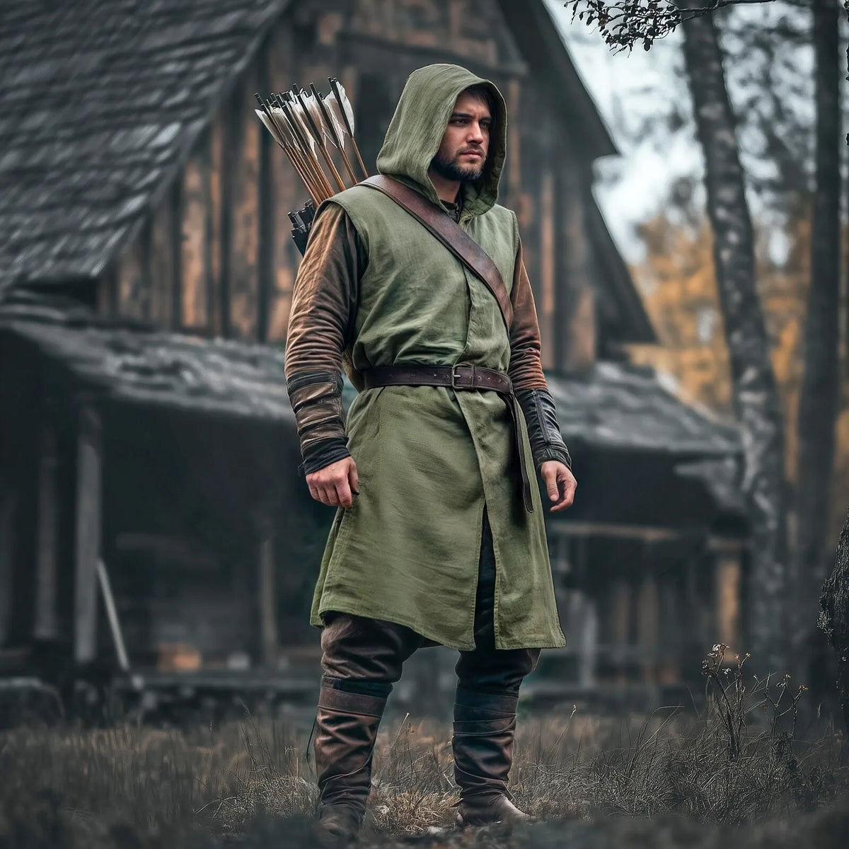 Medieval Mens Surcoat Linen Hooded Tunic Renfaire Cape LARP Ranger Cosplay