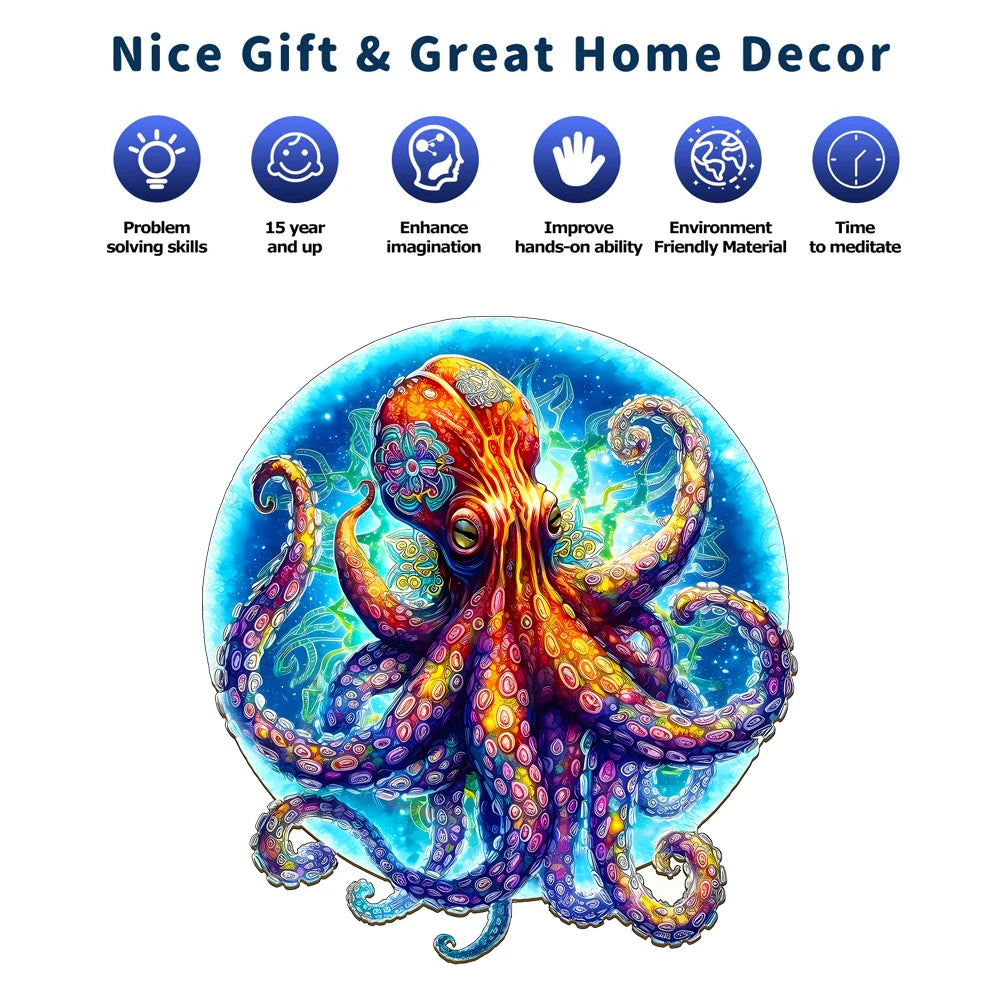 Giant Octopus Round Wooden Jigsaw Puzzle