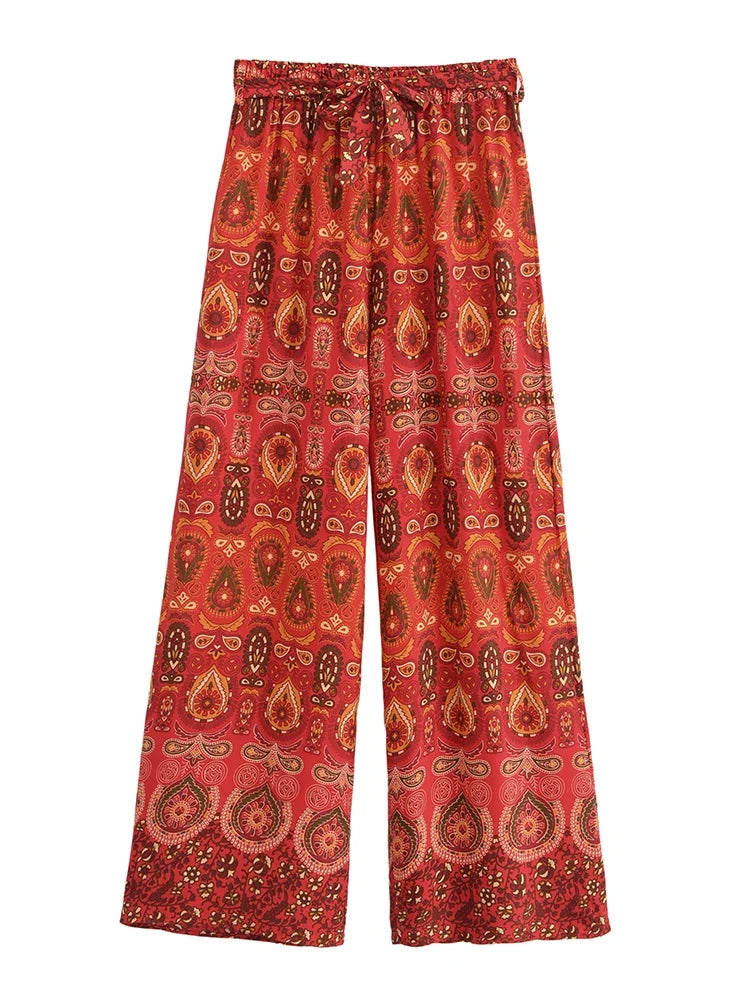 Nuri's Boho Red Floral Print Wide Leg Pants