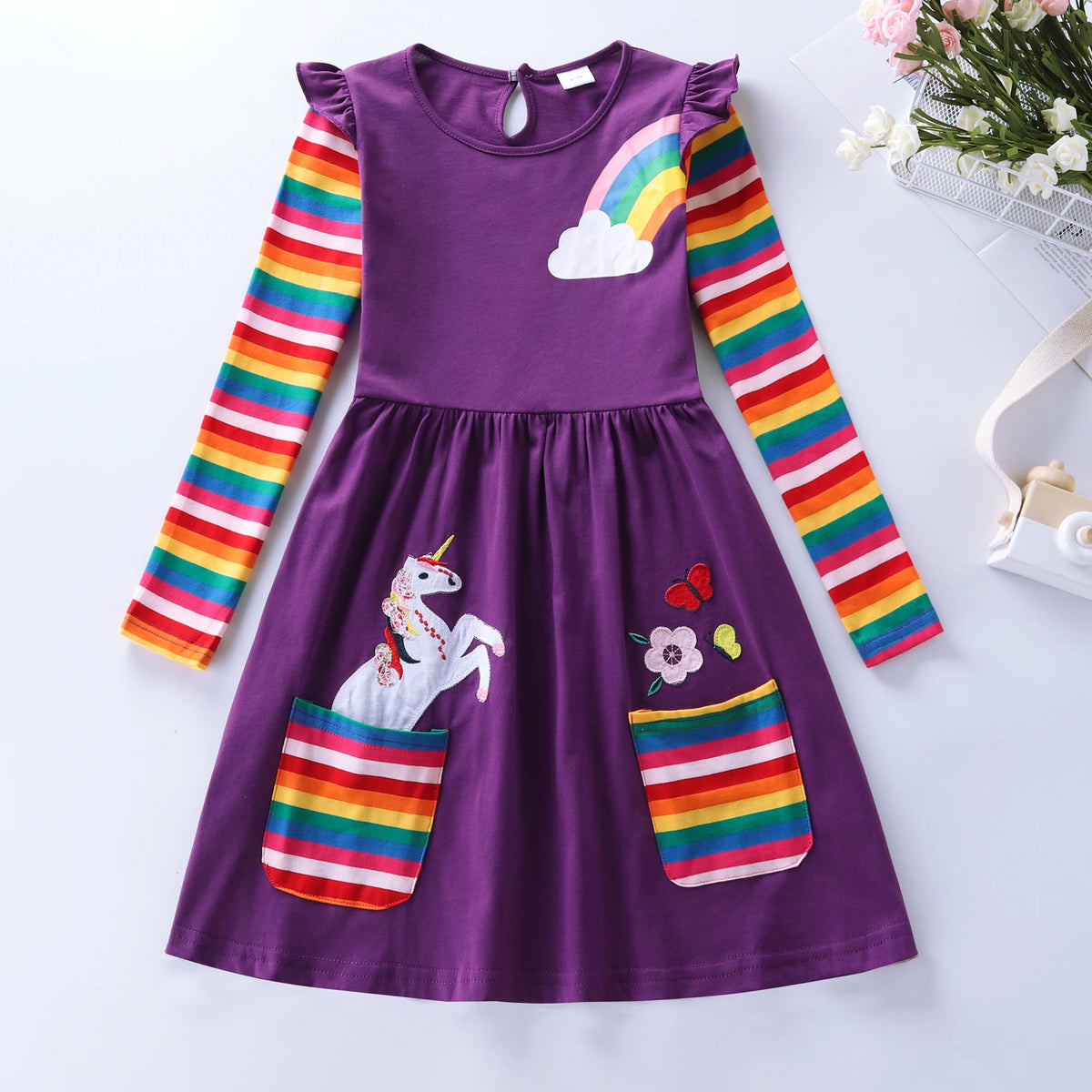 Girls' Long Sleeve Unicorn Dress Two Pockets Rainbow Sleeves