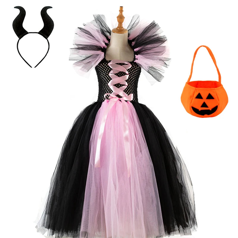 Girls Witch Ghost Vampire Halloween Costume Fluffy Tulle Dress
