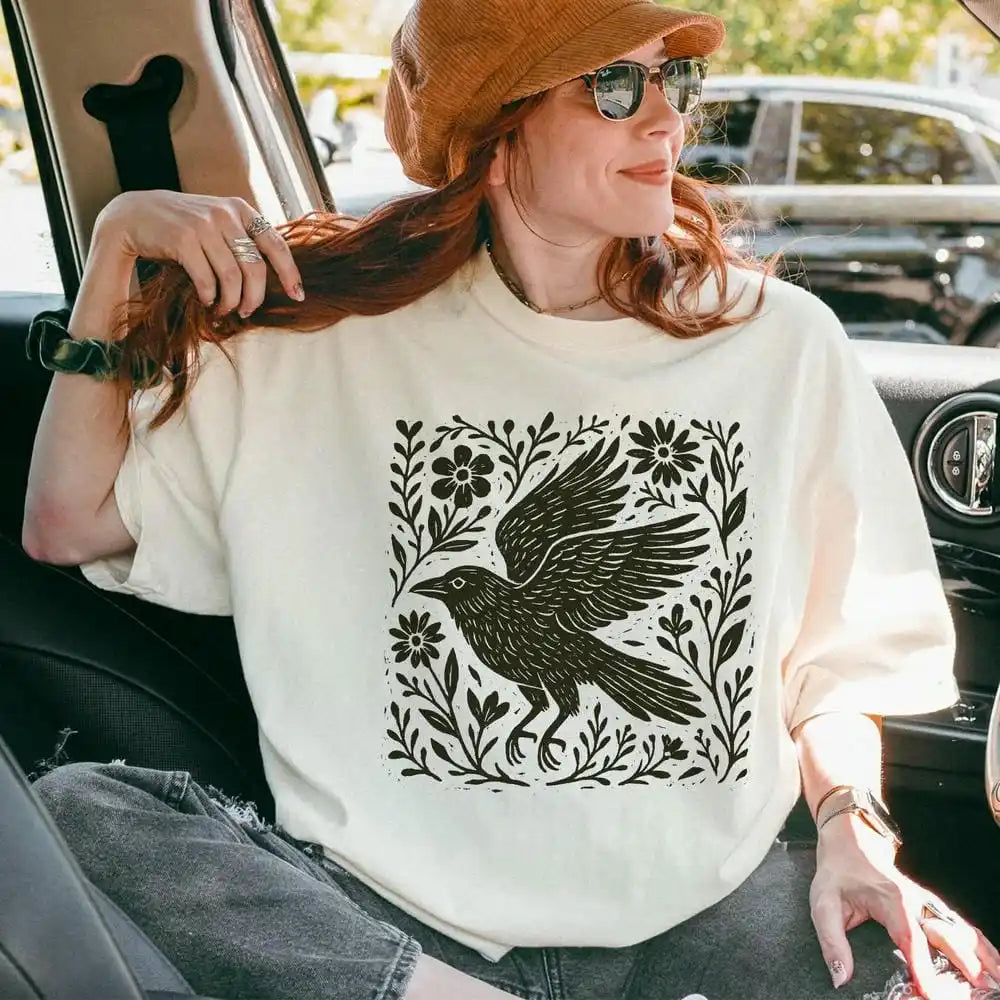 Folklore Crow Lino Print Cotton T-Shirt Folk Art Linocut
