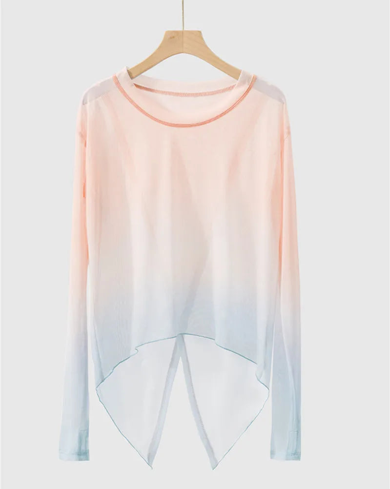 Gradient Gauze Top Dance Practice Top Thumb Finger Hole Long Sleeve Dancewear