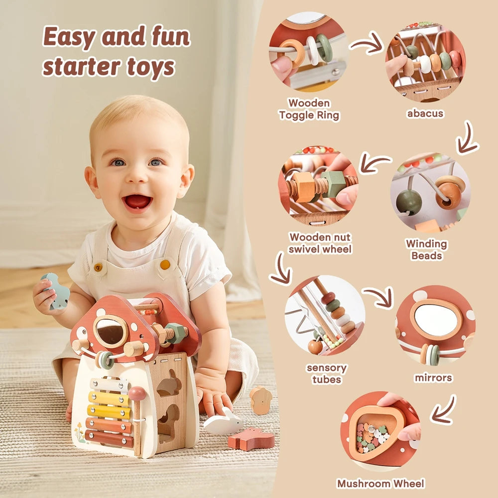 Mushroom Busy Box Baby Montessori Musical Wooden Toys Educational Percussion Toys