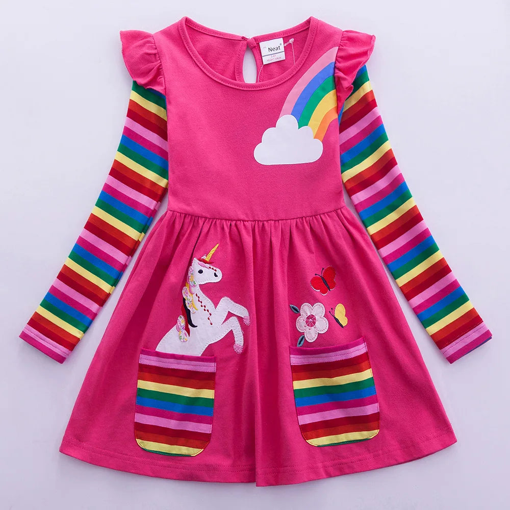 Girls' Long Sleeve Unicorn Dress Two Pockets Rainbow Sleeves