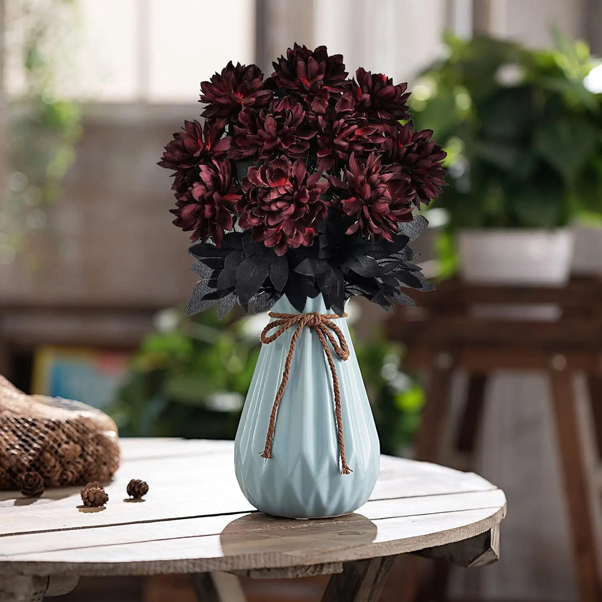 Black Dahlia Halloween Decoration Burgundy Artificial Flower Branch Arrangement Table Home Party Decor