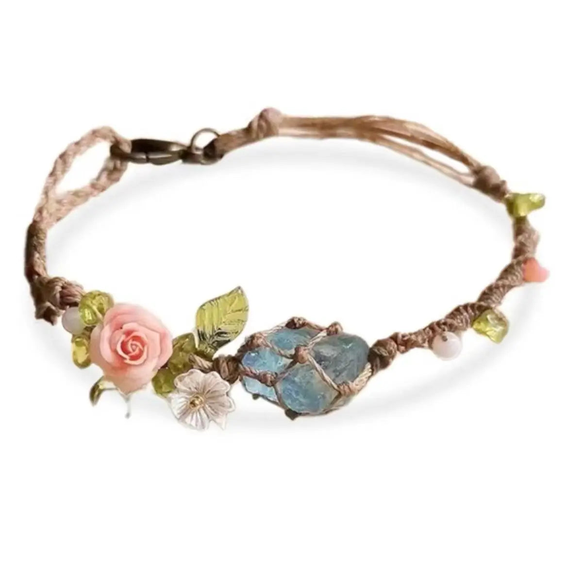 Natural Rose Quartz Aquamarine Stone Beaded Handmade Bracelet Adjustable Rope