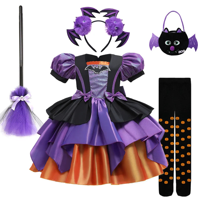 Halloween Bat Cosplay Purple Orange Witch Dress for Girls Children's Costumes