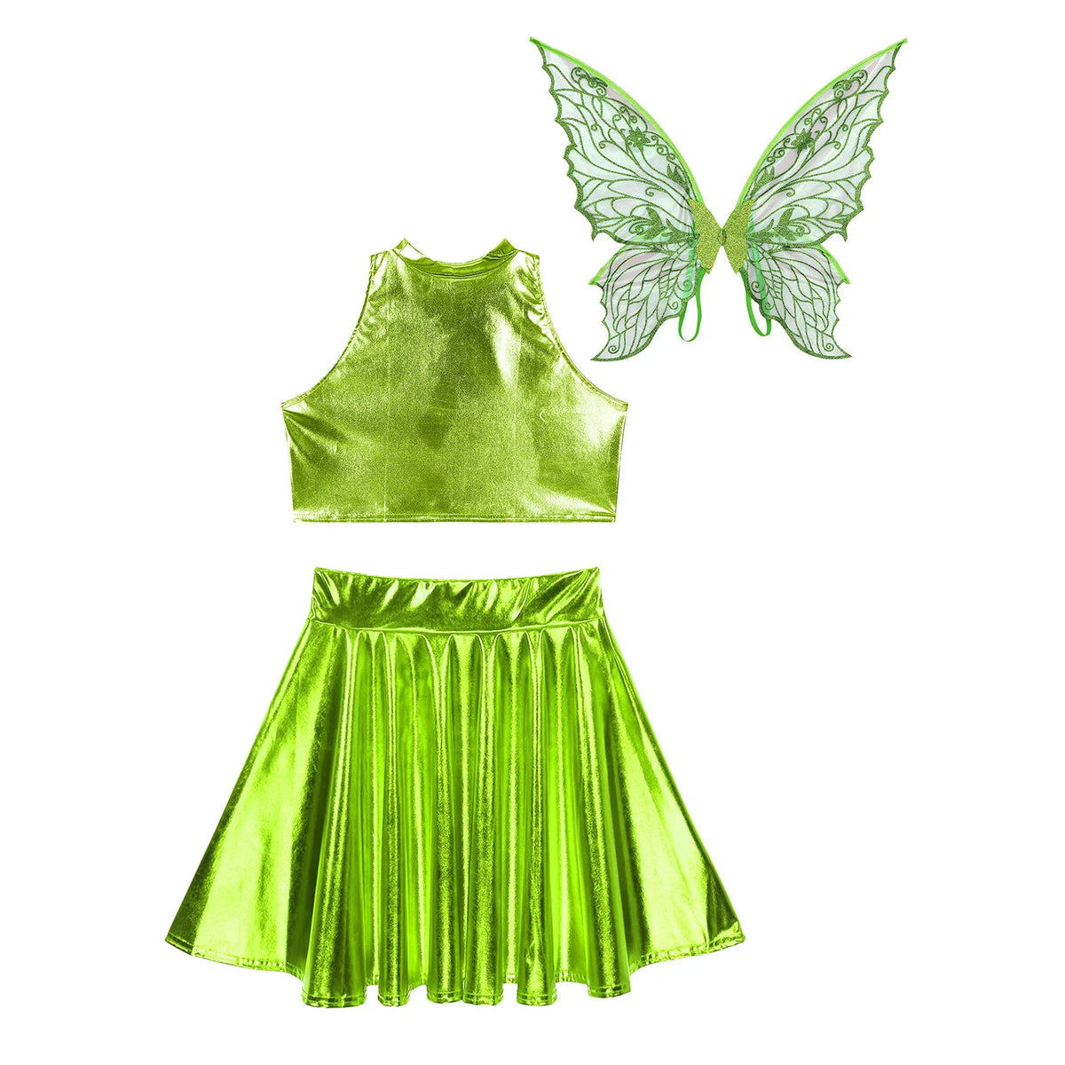 Festival Fairy Cosplay Costume Sleeveless Crop Top, High Waist Flared Skirt And Butterfly Wings Set