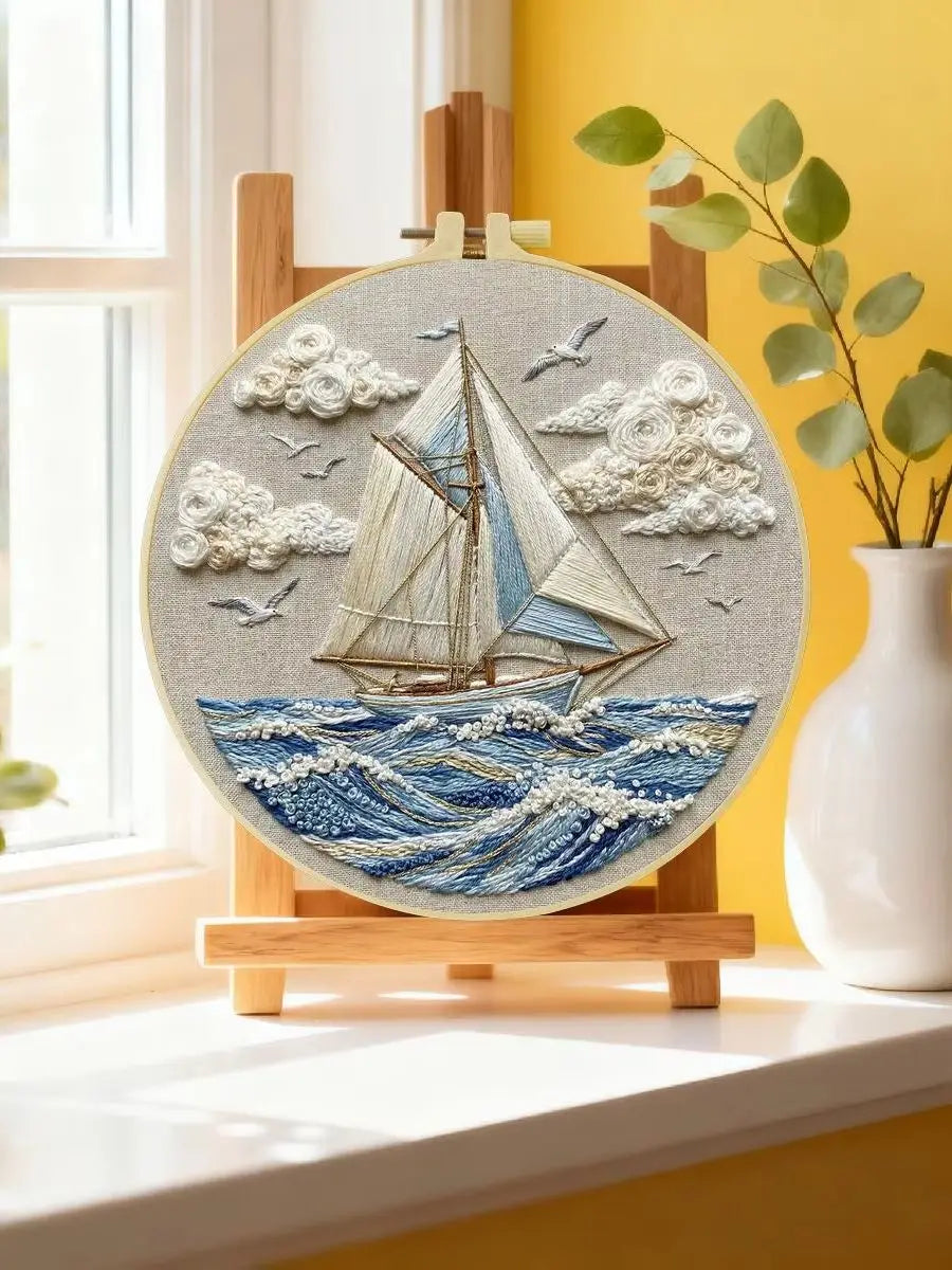 Waves and Sailboat 20X20CM/15X15CM DIY Embroidery Kit for Beginners