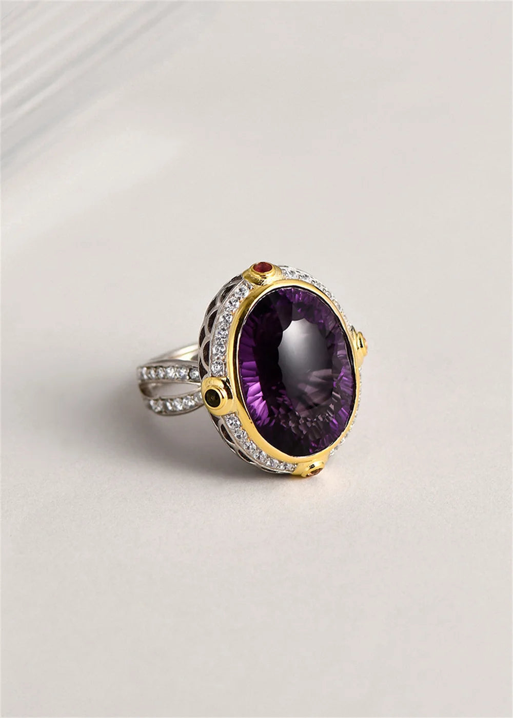 Lady of the Depths S925 Sterling Silver Ring Natural Amethyst Occidental Topaz Zircon