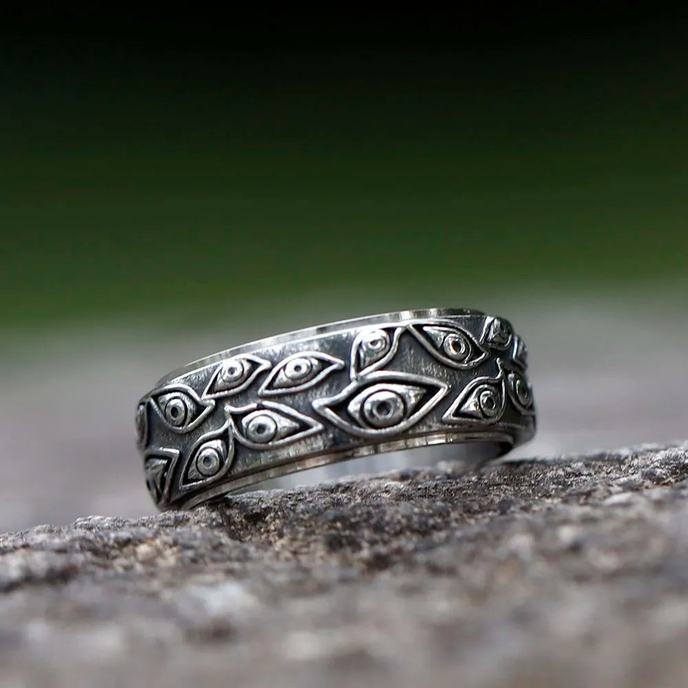 Japanese Mythology Carved Eyes Stainless Steel Rotatable Ring Anxiety Fidget Turning Ring