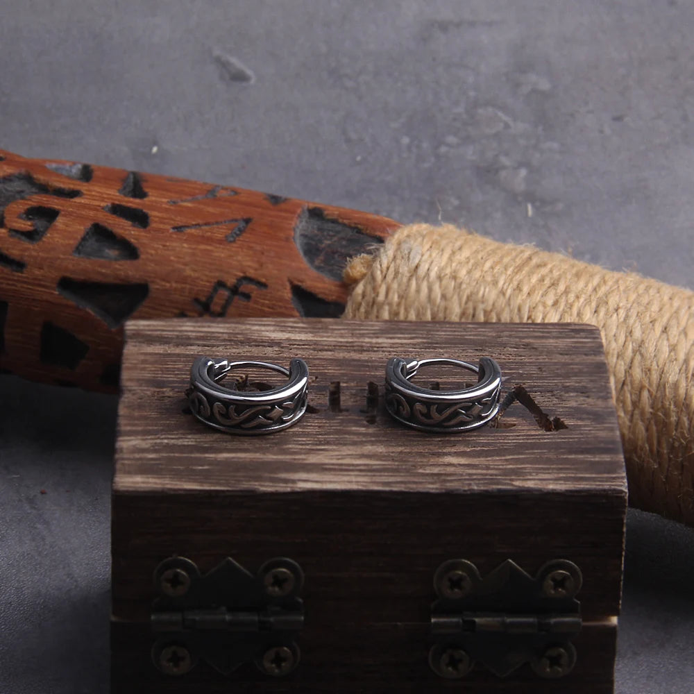 Viking Rune Huggie Hoop Earrings for Men Stainless Steel with Wooden Box