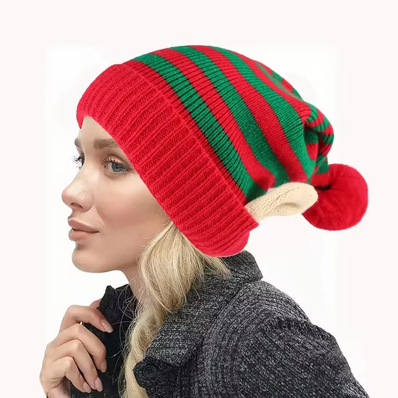 Christmas Elf Striped Beanies Hat Knitted Xmas Cap with Small Ears for Women Men