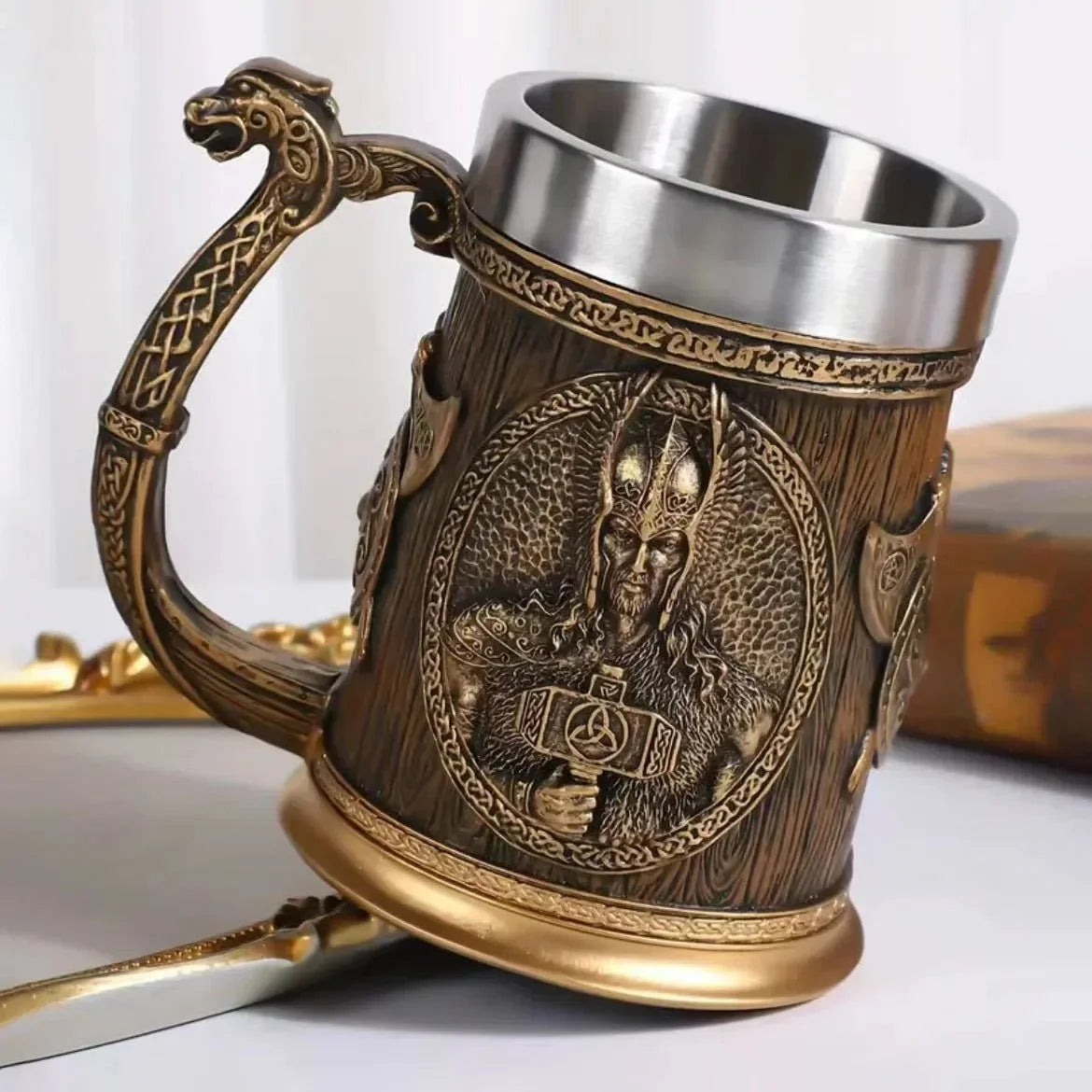 3D Viking Coffee Beer Mug Stainless Steel Warrior Stein Medieval Tree of Life Design