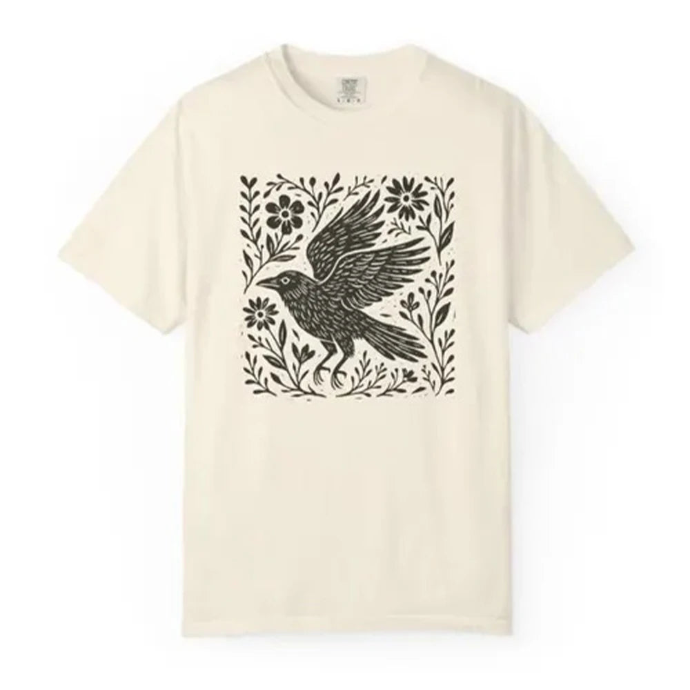 Folklore Crow Lino Print Cotton T-Shirt Folk Art Linocut