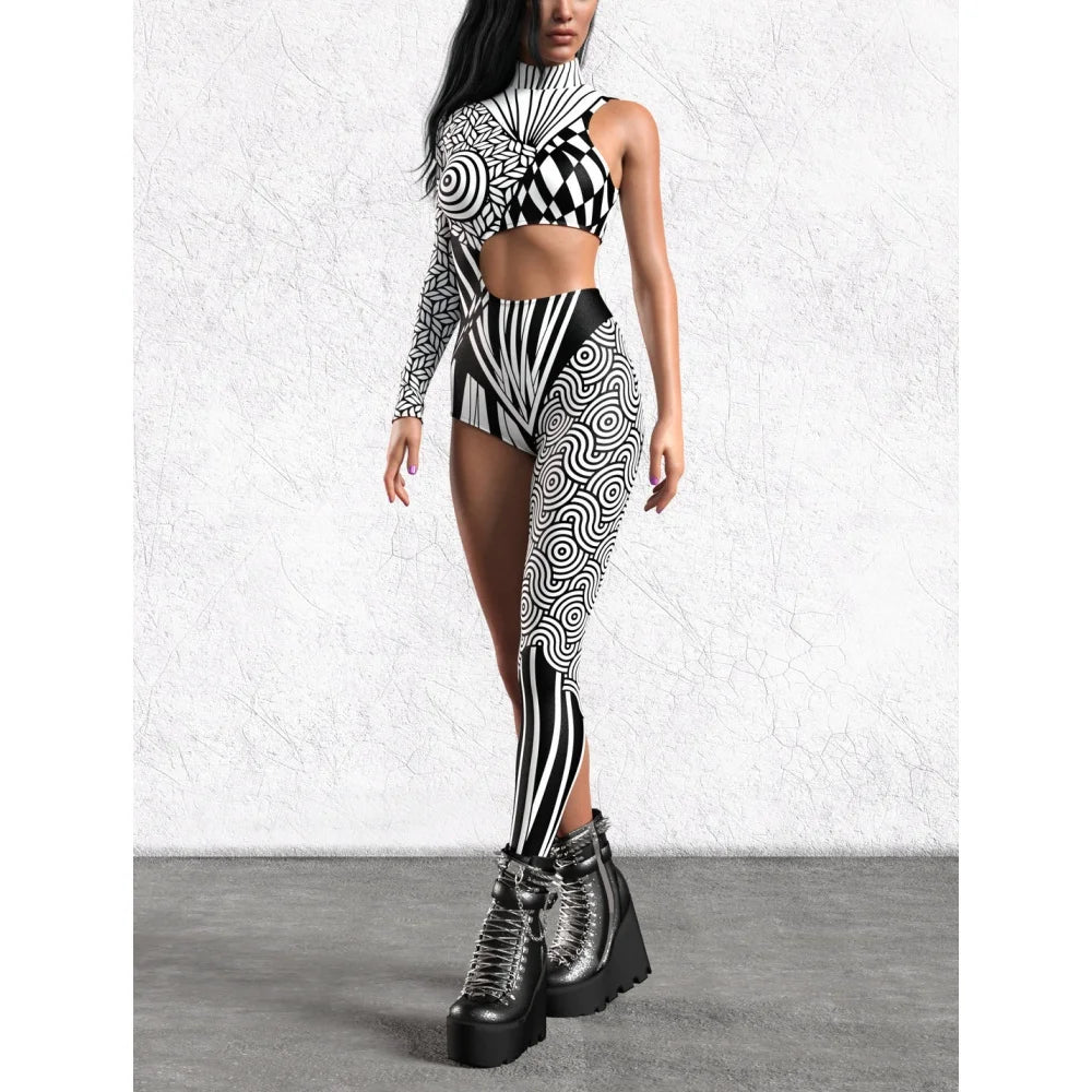 Asymmetrical Women Cyberpunk Bodysuit Costume Colourful Jumpsuit Cosplay Halloween Party Performance Suit