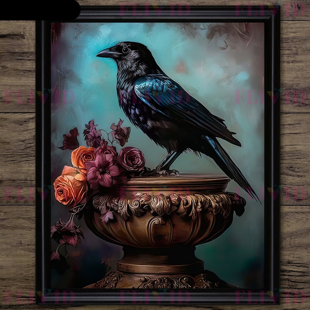 Black Raven And Magical Owl Gothic Wall Art Canvas Poster Prints Home Decor