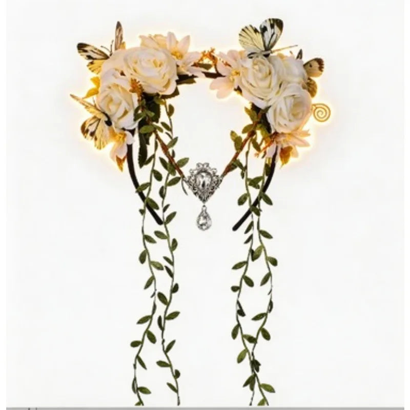 Glowing Flower Headband Butterfly Rose Crowns with Gem Drop Fairy Fascinators Headpieces