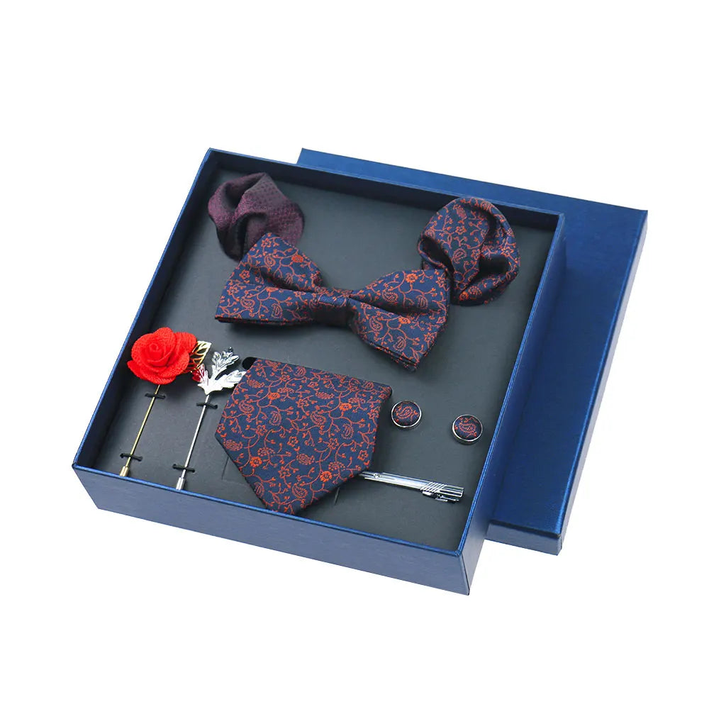 Men's 8pcs Tie Set Wedding Cravat Silk Bowtie Pocket Square Cufflinks Brooch Box Set Gifts For Men
