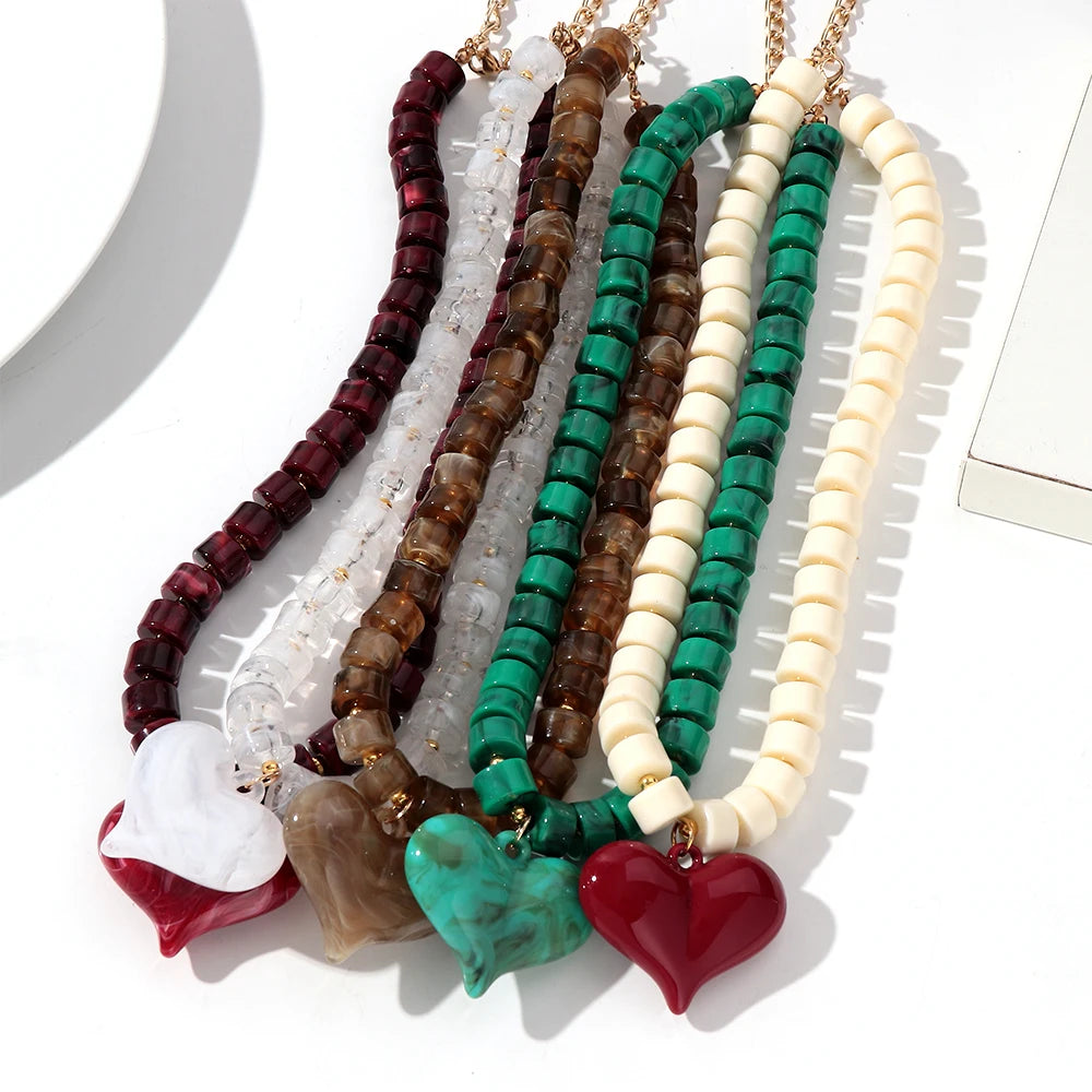 Chunky Acrylic Heart Pendant Beaded Choker Necklaces