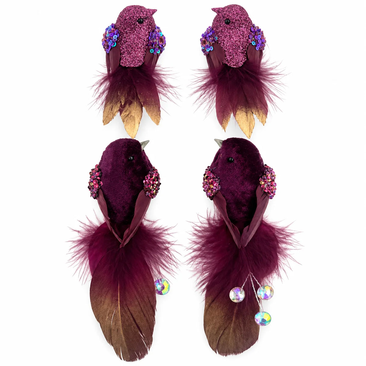 Purple Feather Birds 4PCS Christmas Clip On Tree Ornaments